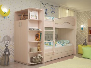 Кровать 2-х ярусная Мая с ящиками и шкафом на латофлексах млечный дуб в Ивделе - ivdel.magazinmebel.ru | фото