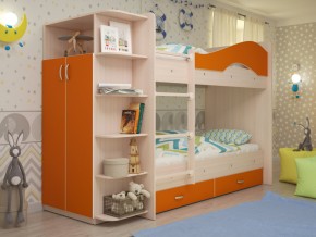 Кровать 2-х ярусная Мая с ящиками и шкафом на латофлексах оранж в Ивделе - ivdel.magazinmebel.ru | фото