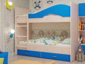 Кровать 2-х ярусная Мая с ящиками на латофлексах млечный дуб/синий в Ивделе - ivdel.magazinmebel.ru | фото