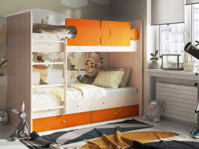 Кровать двухъярусная Тетрис латы с бортиками дуб млечный-оранжевый в Ивделе - ivdel.magazinmebel.ru | фото